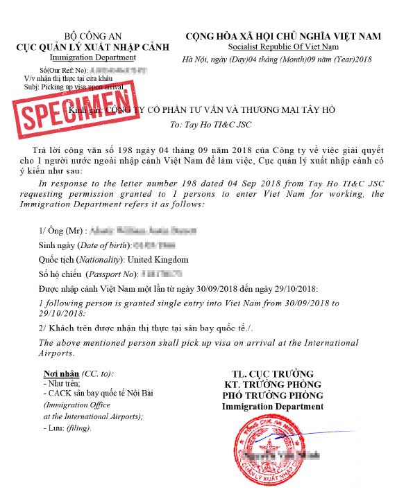 Sample Vietnam visa on arrival approval letter